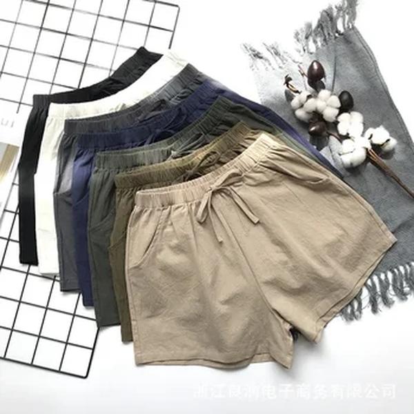 Calção de linho de algodão feminino, monocromático, cintura alta, preto, básico, casual, esportivo, moda verão