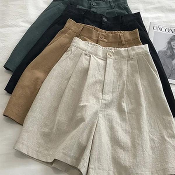 Fitshinling-Shorts plissados de algodão vintage para mulheres, cintura alta, roupas finas, monocromáticas, novas na moda, 2022, linha