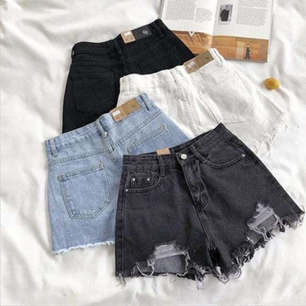 Short feminino denim holes coreano, cintura alta, jeans curto de perna larga, estilista feminina, short de rua casual, nova moda, 2024