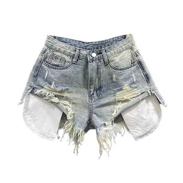 Jeans coreano vintage azul sexy rasgado para mulheres, shorts jeans ultra de cintura alta de patchwork a linha