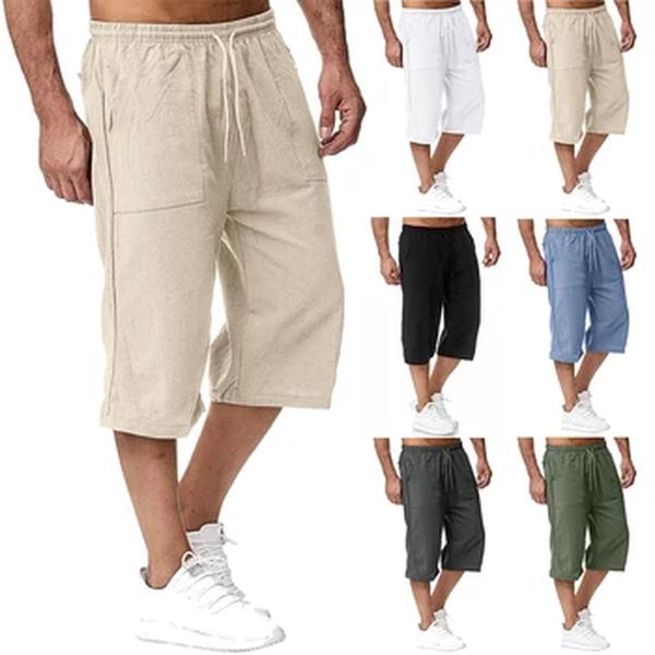 Calção casual de linho e algodão masculino, monocromático, esportivo de verão, respirável, elástico na cintura, bolso, calça cortada, moda pública
