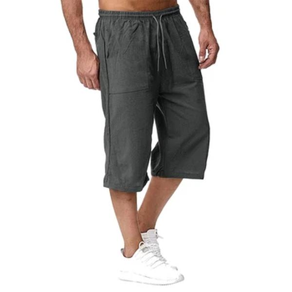 Calção casual de linho e algodão masculino, monocromático, esportivo de verão, respirável, elástico na cintura, bolso, calça cortada, moda pública