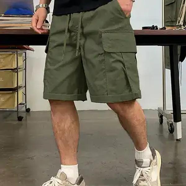 Calça curta masculina de cintura com cordão, bolso multi-aba, shorts soltos da moda, calça masculina de trabalho, ao ar livre