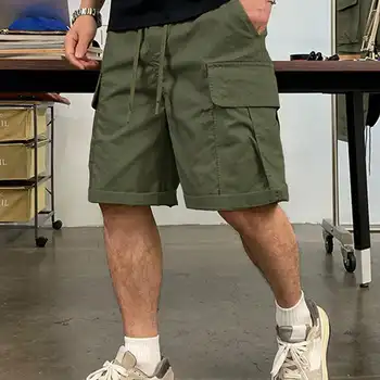 Calça curta masculina de cintura com cordão, bolso multi-aba, shorts soltos da moda, calça masculina de trabalho, ao ar livre