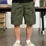Calça curta masculina de cintura com cordão, bolso multi-aba, shorts soltos da moda, calça masculina de trabalho, ao ar livre