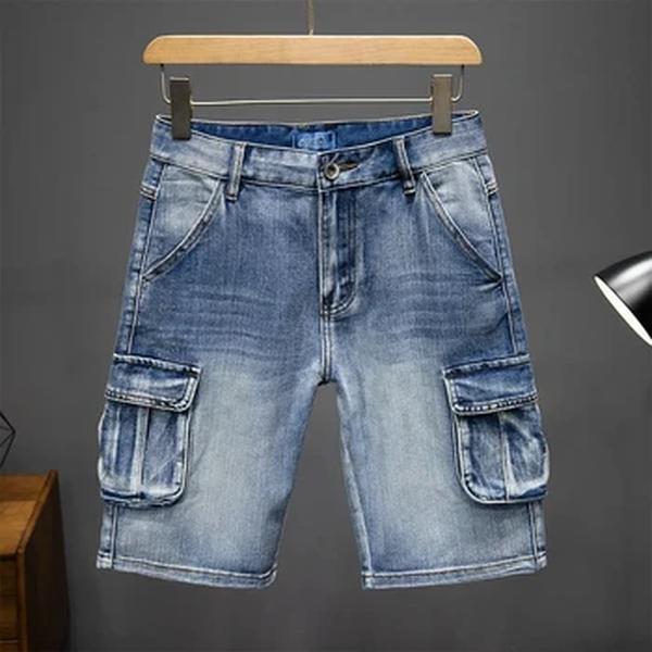 Multi-bolso de cinco pontos denim shorts masculino solto tamanho grande cortado plus size verão seção fina streetwear carga shorts
