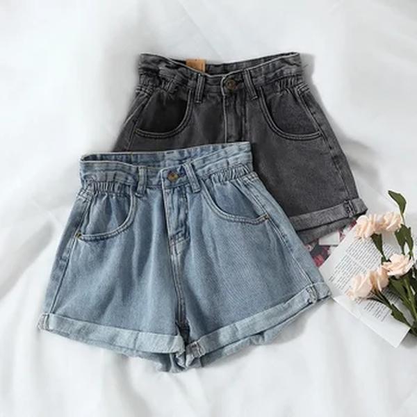 Shorts jeans de cintura alta para mulheres, casual e solto, moda feminina, plus size, elástico, perna larga curta, jeans feminino, novo, verão