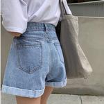 Shorts jeans de cintura alta para mulheres, casual e solto, moda feminina, plus size, elástico, perna larga curta, jeans feminino, novo, verão