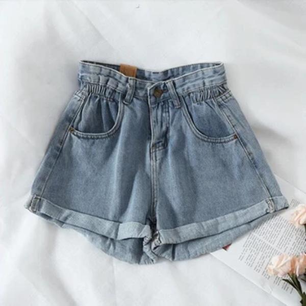 Shorts jeans de cintura alta para mulheres, casual e solto, moda feminina, plus size, elástico, perna larga curta, jeans feminino, novo, verão