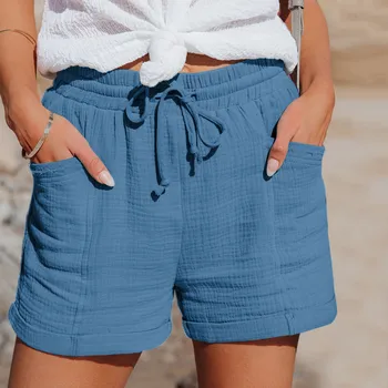 Calção de algodão de linho feminino com cordão, calça curta de cintura alta, bolsos, esportivo, casual, básico, verão
