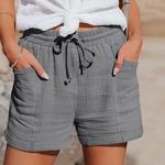 Calção de algodão de linho feminino com cordão, calça curta de cintura alta, bolsos, esportivo, casual, básico, verão