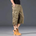 Calção masculino solto, calça casual abaixo do joelho, elástico na cintura, plus size, corrida ao ar livre, capri tático, verão