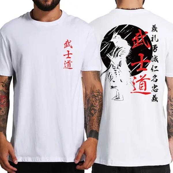 Camiseta japonesa do espírito samurai para homens, tops largas e grandes, estilo japonês, estampa traseira, 100% algodão, camiseta masculina para presentes