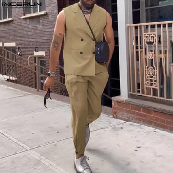 Incerun-Coletes e calças sem mangas de lapela para homens, streetwear monocromático, trespassado, ternos casuais, S-5XL, 2PCs, moda 2021, 2PCs