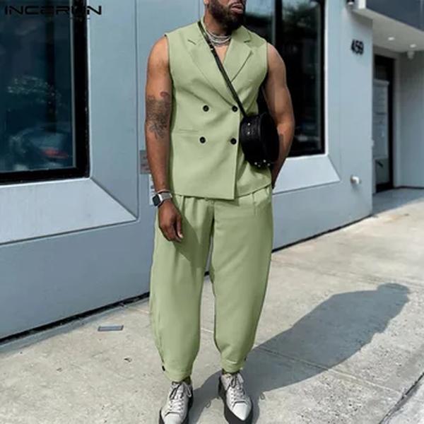 Incerun-Coletes e calças sem mangas de lapela para homens, streetwear monocromático, trespassado, ternos casuais, S-5XL, 2PCs, moda 2021, 2PCs