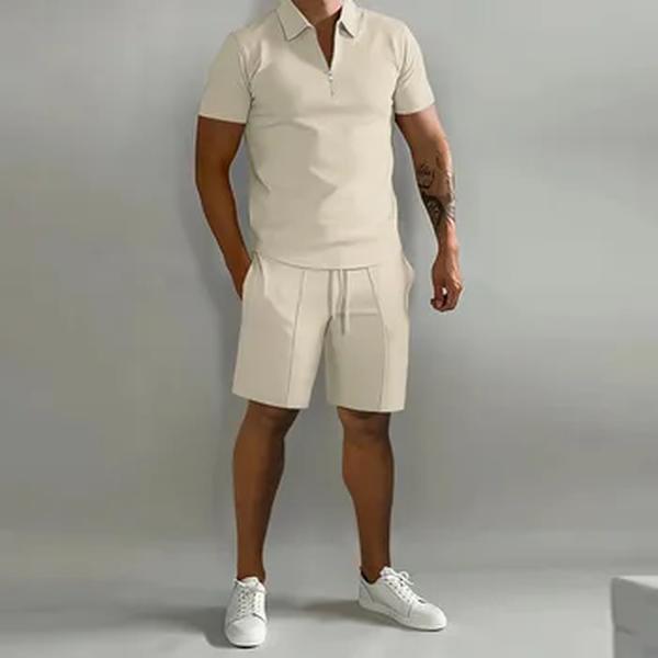 Terno masculino de rua verão, shorts esportivos, camiseta confortável solta, polo de cor sólida ao ar livre, conjunto de moda, verão, 2024