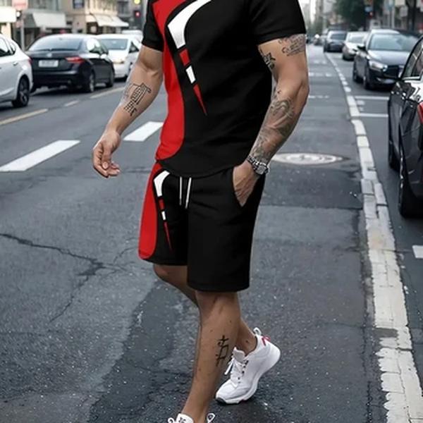 Terno de rua de verão masculino, moda casual diária, mangas curtas confortáveis soltas, tendência ao ar livre, shorts esportivos novidade estampa listrada