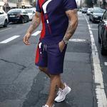 Terno de rua de verão masculino, moda casual diária, mangas curtas confortáveis soltas, tendência ao ar livre, shorts esportivos novidade estampa listrada