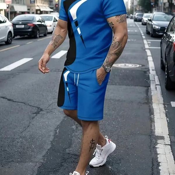 Terno de rua de verão masculino, moda casual diária, mangas curtas confortáveis soltas, tendência ao ar livre, shorts esportivos novidade estampa listrada