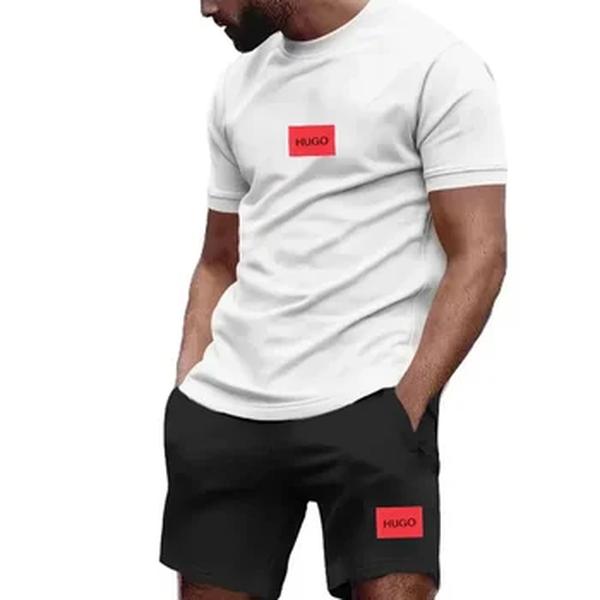 T-shirt Hugo e shorts conjunto de treino masculino com duas peças, roupa esportiva casual, fitness, moda jogging, algodão de manga curta, verão