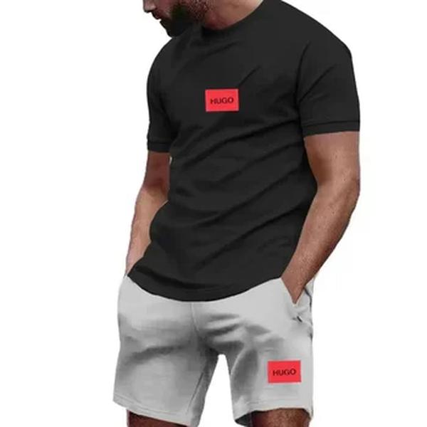 T-shirt Hugo e shorts conjunto de treino masculino com duas peças, roupa esportiva casual, fitness, moda jogging, algodão de manga curta, verão