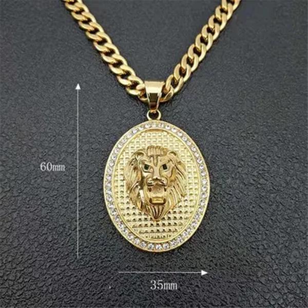 Colar de pingente de cabeça de leão, colar masculino hip hop, iced out, aço sem ferro, cor dourada, animal, joias masculinas