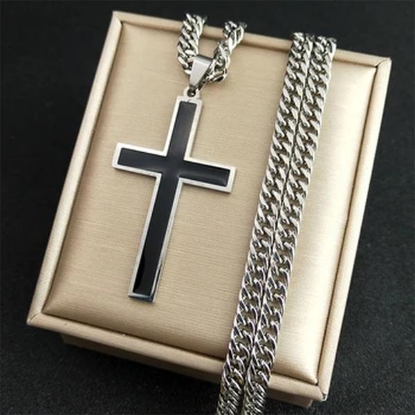 Colar de Pingente Cruz Negra para Homens e Mulheres, Punk Hip Hop, Aço Inoxidável, Cor do Ouro, Masculino Jesus Cristo Cadeia, Jóias, Colar, N8236S0
