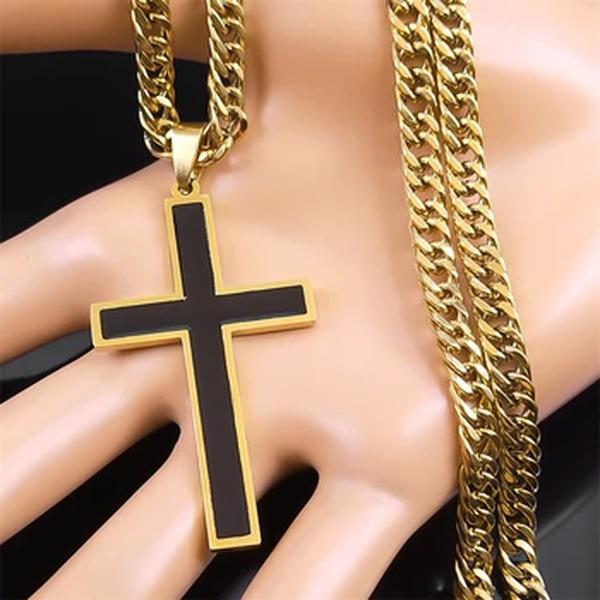 Colar de Pingente Cruz Negra para Homens e Mulheres, Punk Hip Hop, Aço Inoxidável, Cor do Ouro, Masculino Jesus Cristo Cadeia, Jóias, Colar, N8236S0