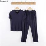 Conjuntos de pijama casual masculino, calças e manga curta modal extragrande, pijamas masculinos, roupas macias e soltas para casa, novo, 2022