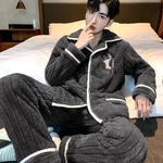 Conjunto de pijama de veludo coral quente para homens, peito único, pijamas macios, pijamas, roupas domésticas, novo, outono, inverno