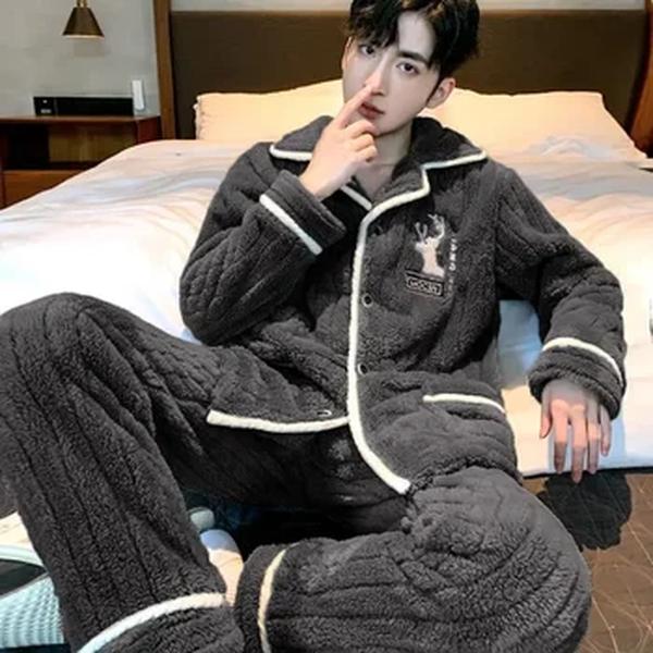 Conjunto de pijama de veludo coral quente para homens, peito único, pijamas macios, pijamas, roupas domésticas, novo, outono, inverno