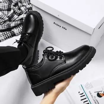Oxfords de plataforma de couro coreano para homens, sapatos de derby masculinos, mocassins casuais, dedo do pé quadrado, sapatos formais, fundo grosso, 2023
