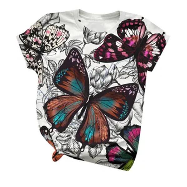 Camiseta casual de manga curta feminina, estampada com estampa de borboleta, blusa extragrande feminina, camiseta respirável, nova, 2024