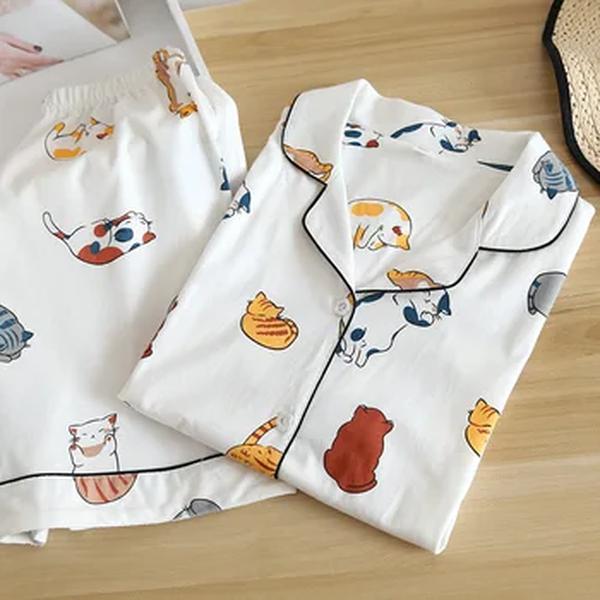 Conjunto de pijama feminino de manga curta, 100% algodão, bonito desenho animado, pijama japonês simples para senhoras, novo