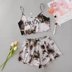 Conjunto casual de pijama tie-dye feminino, camiseta sexy, tops shorts plus size, camisola, impressão inglesa, roupa de casa, novo