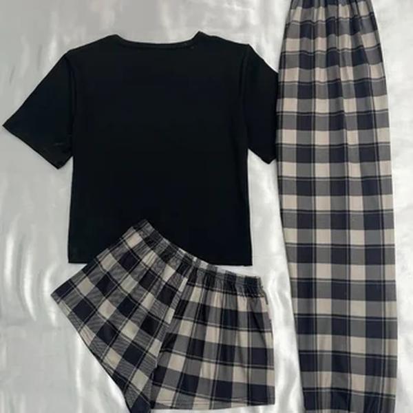 Pijama feminino confortável de três peças, casual para casa, shorts de manga curta, calças compridas, novo estilo
