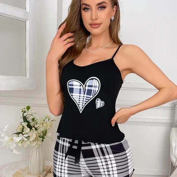 Conjunto de pijama de duas peças feminino, top suspenso, shorts xadrez, roupa de casa, cor sólida, novo