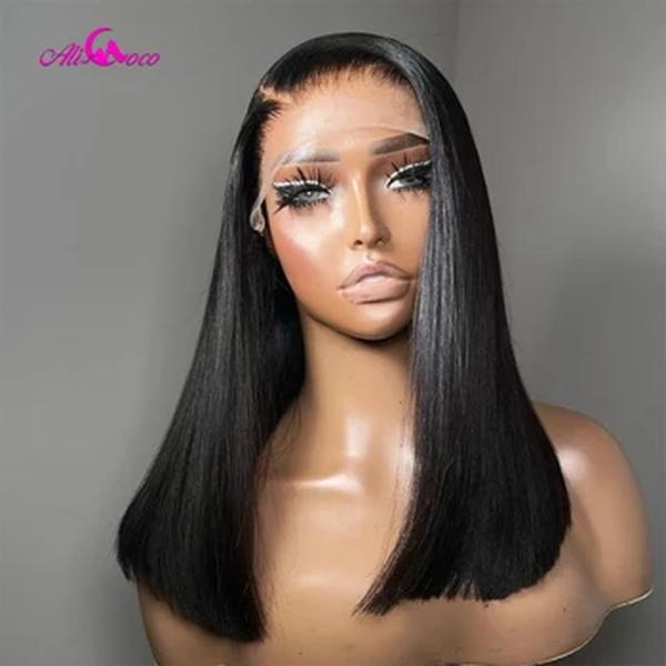 Peruca Curta Brasileira Bob para Mulheres, 13x4 Lace Frontal Cabelo Humano, Cor Natural, Transparente, 180 Densidade