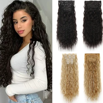 16 Clipes Clipe Na Extensão Do Cabelo Longo Ondulado Perucas Sintéticas Para As Mulheres 6 Pçs/Set 20 Polegada Corn Curly Fake Hairpiece Calor Resistant Fiber