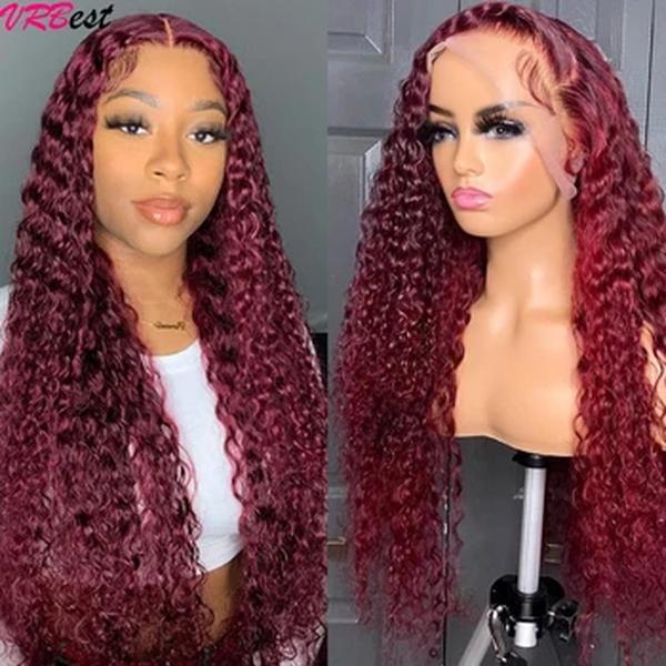 Perucas coloridas de cabelo humano para mulheres, 99J, onda profunda, Borgonha, 13x4 HD, peruca frontal cheia transparente do laço, peruca encaracolada sem cola