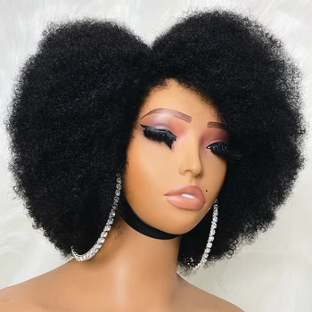 Afro Kinky Curly Lace Front Wig, Cor Natural, Bob Cabelo Humano, Linha Fina Natural, Perucas Curtas Glueless, 13x4x2