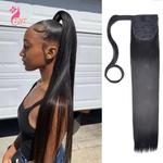 Extensão sintética reta longa do cabelo do rabo de cavalo, envolva em torno das extensões do rabo de cavalo, cabelo natural, headwear