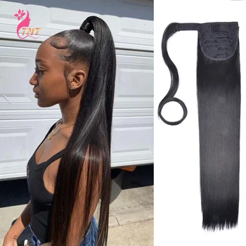 Extensão sintética reta longa do cabelo do rabo de cavalo, envolva em torno das extensões do rabo de cavalo, cabelo natural, headwear