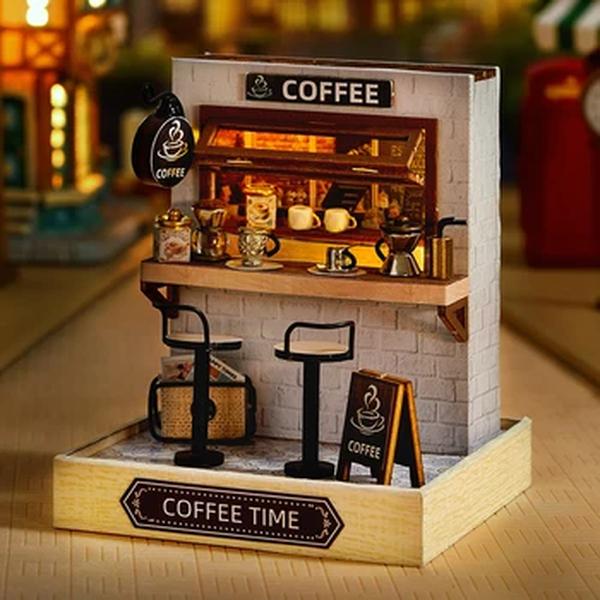 Mini Wooden Coffee Shop Doll House, DIY Kit Casa Pequena, Fazendo e Sala de Montagem, Modelos Brinquedos para Crianças, Presentes de Aniversário