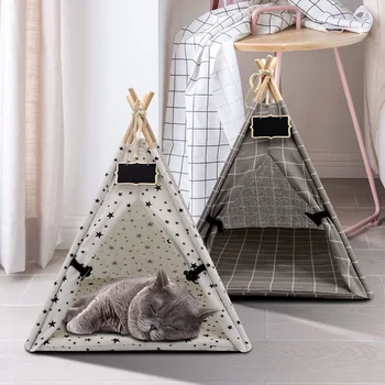 Moda gato tenda ninho gatos quentes filhote de cachorro dormir esteira interior pequenos cães gatos casa com coxim grosso doorplate decoração para casa