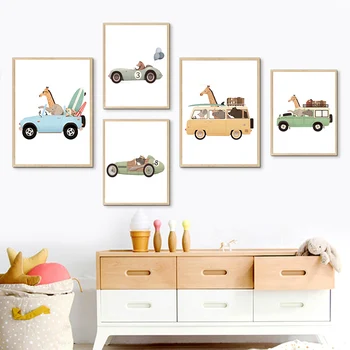 Berçário Wall Art Pintura Canvas, Girafa, Elefante, Urso, Carro, Viagem, Nordic cartazes e impressões, Kids Room Decor Pictures