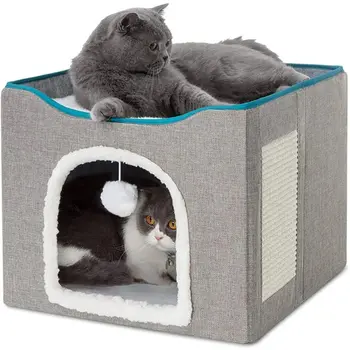 Cama grande para gatos com bola fofa pendurada e scratch pad, dobrável de dupla camada, camas para gatos internos dormindo, todas as estações