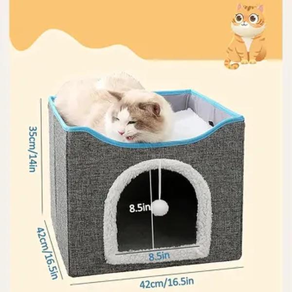 Cama grande para gatos com bola fofa pendurada e scratch pad, dobrável de dupla camada, camas para gatos internos dormindo, todas as estações