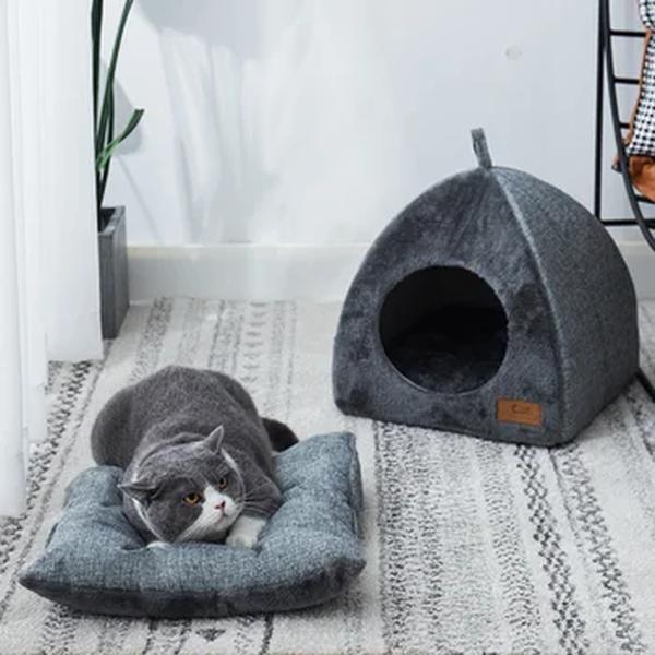 Cama macia semi-fechada quente para gatos, casa de sono profundo, cesta de animais, espreguiçadeira aconchegante, canil para cães pequenos, acessórios para gatos