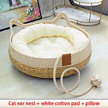 Rattan tecido gato cama com estofos removíveis, resistente ao desgaste dormir casa, piso zero, lavável pet fornecimentos, verão, 35